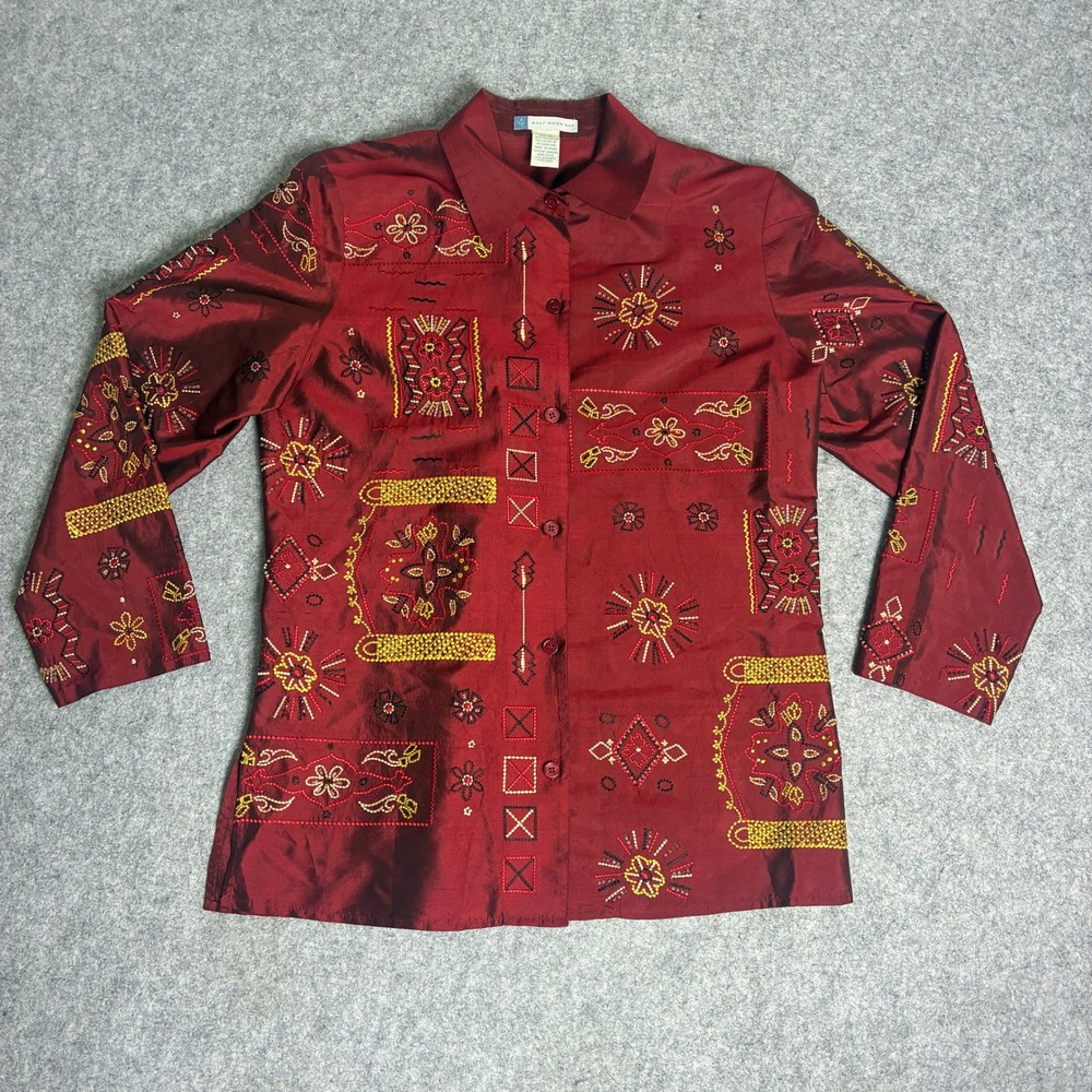 Half Moon Bay Mens Burgundy Red Silk Blend Embroidered Button Up Shirt Small